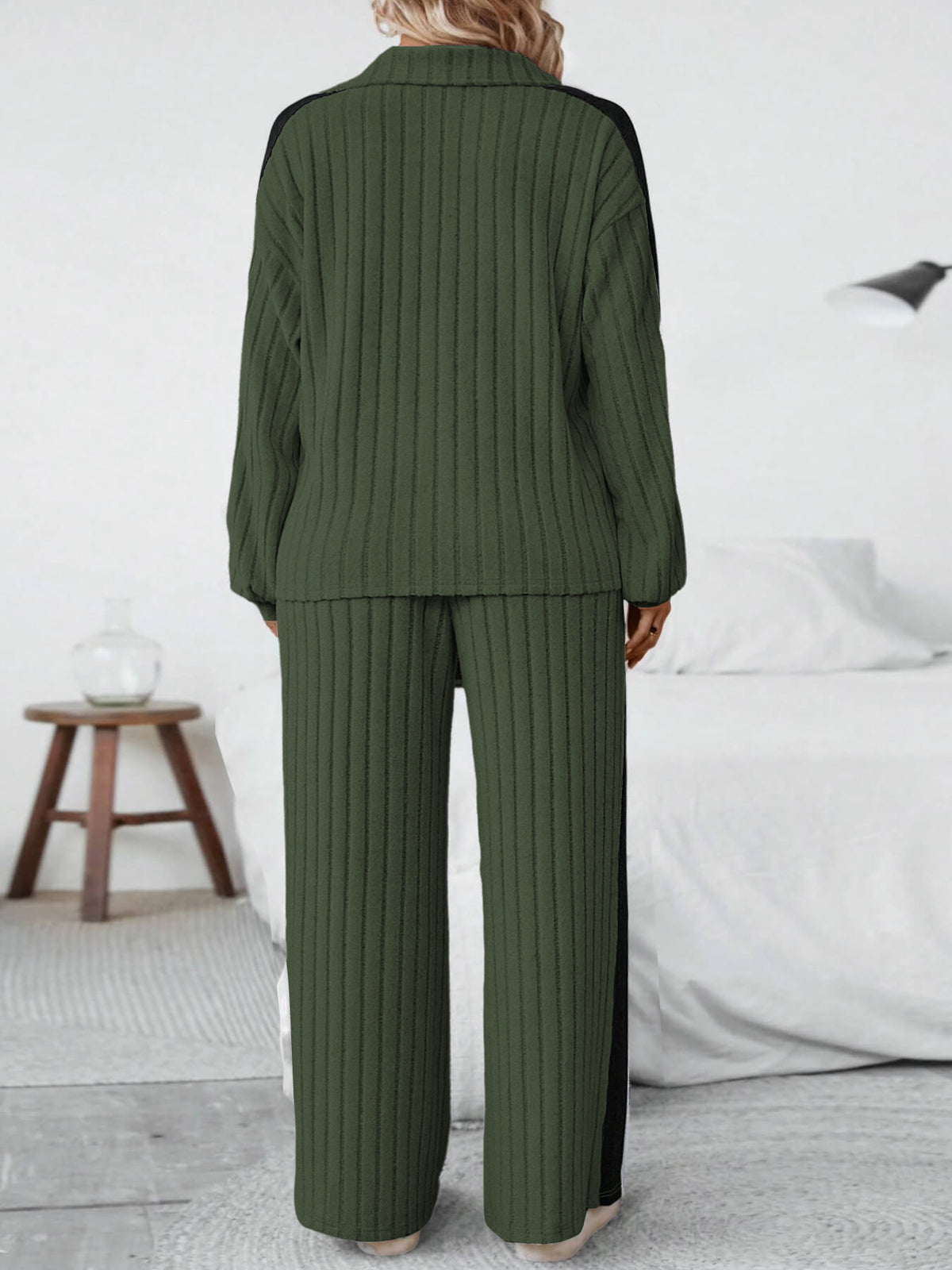 Plus Size Ribbed Half Zip Sweatshirt Wide Leg Pants Set
