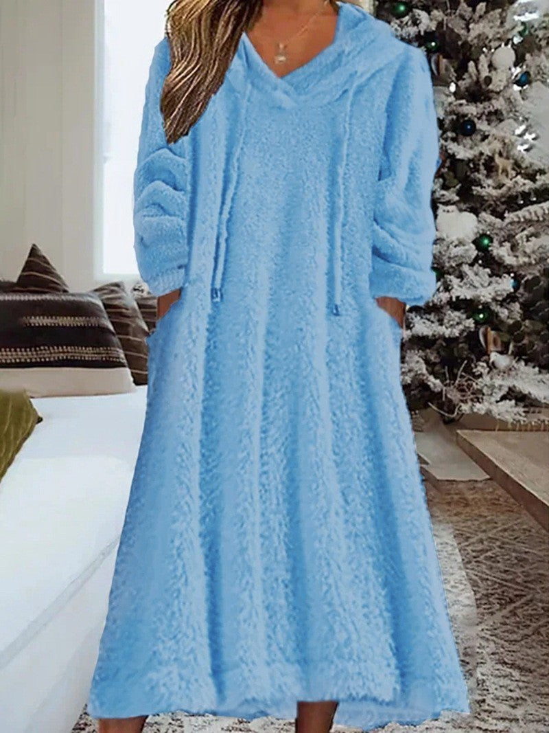Fleece Hooded Dress with Pocket Relaxed Fit