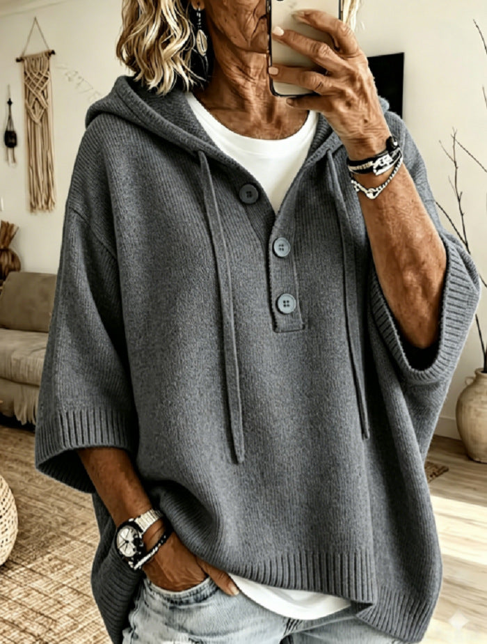 Womens Oversized Hooded Button Knit Sweater