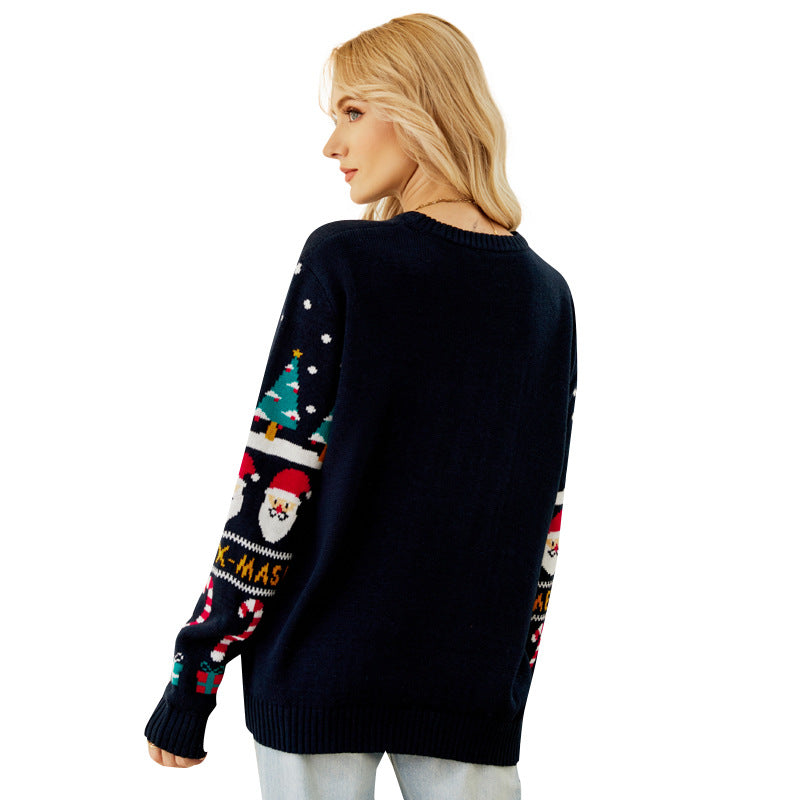 Navy Blue Christmas Sweater with Santa and Tree Pattern