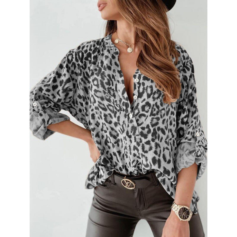Womens Leopard Print Button Down Blouse Roll Tab Sleeve Top