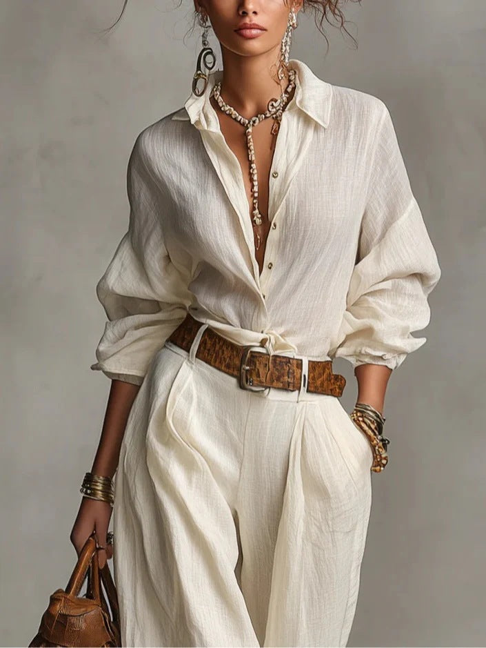 Women's Casual Blouse & Wide Leg Pants Two Piece Set