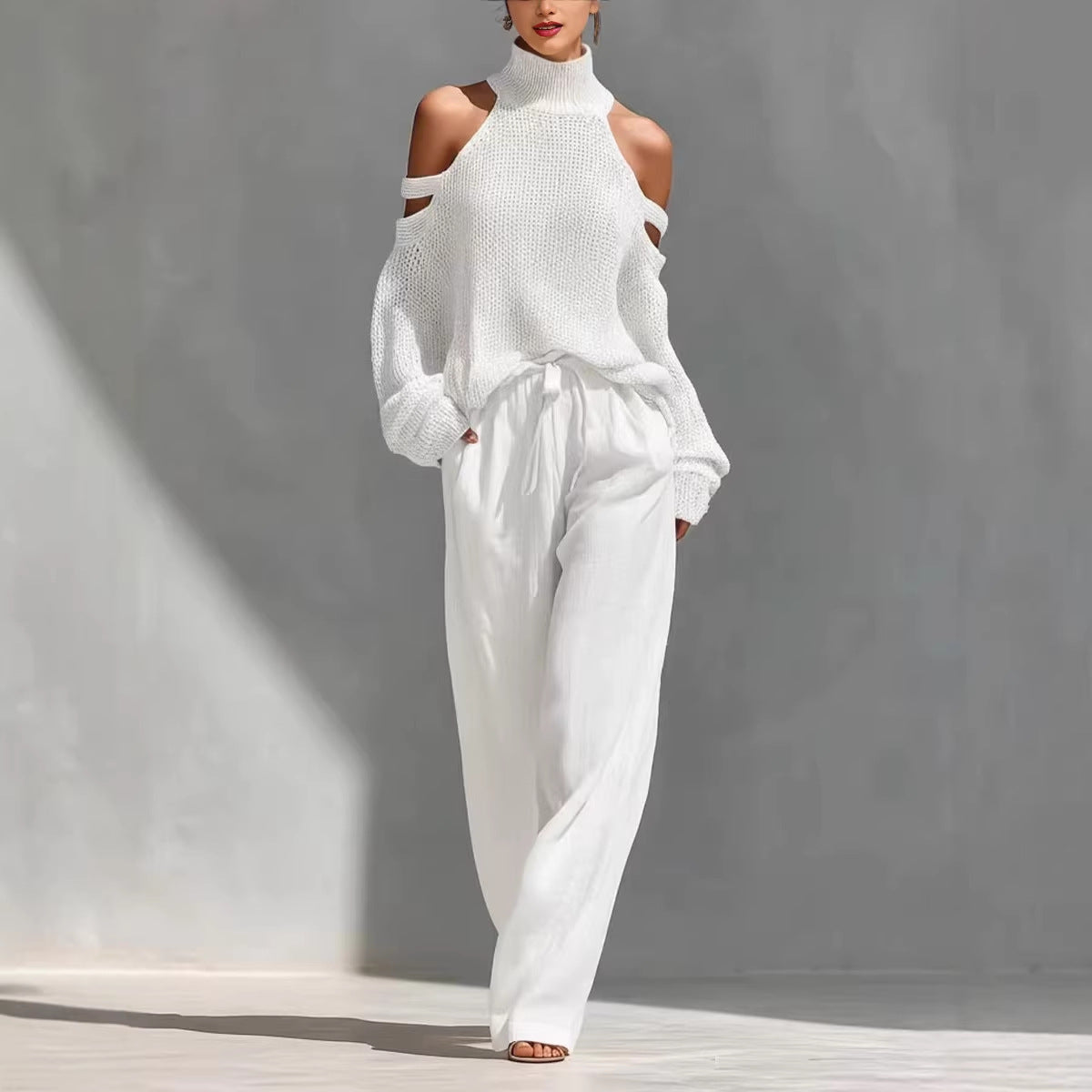 Cold Shoulder Turtleneck Sweater Wide Leg Pants Set