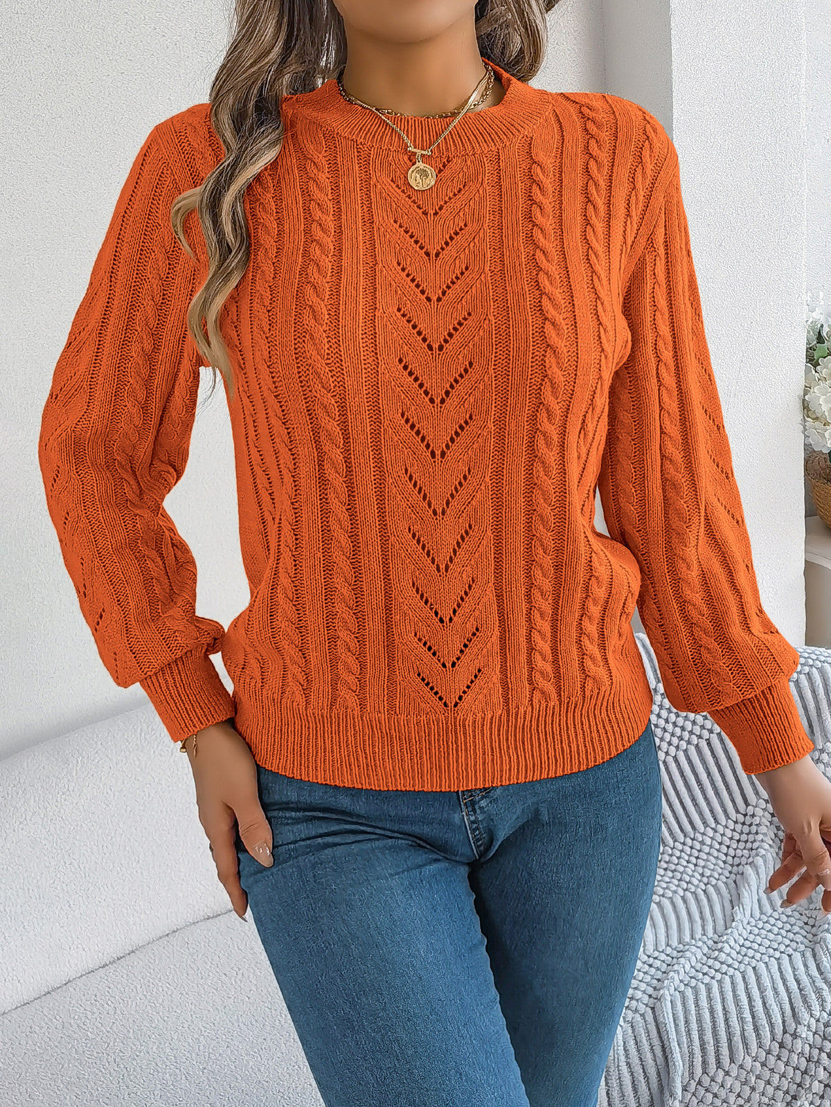 Women's Balloon Sleeve Crew Neck Cutout Knit Sweater