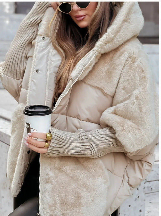 Women's Oversized Patchwork Faux Fur Puffer Jacket Hooded