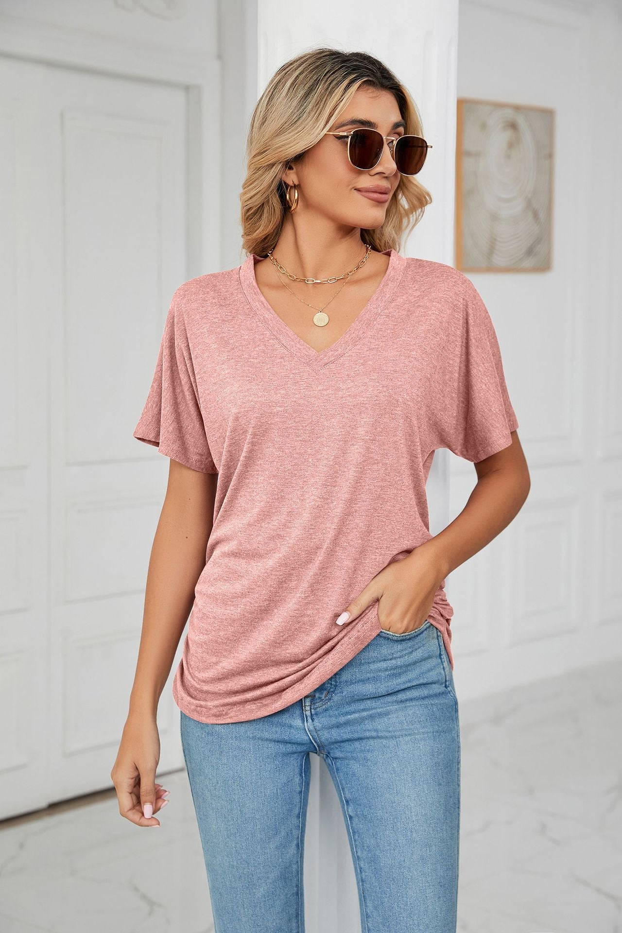 Casual V Neck Loose Fit Short Sleeve T Shirt