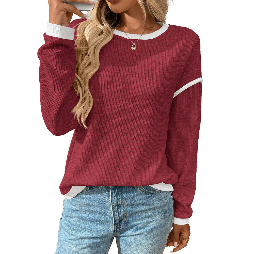 Contrast Trim Long Sleeve Waffle Knit Pullover