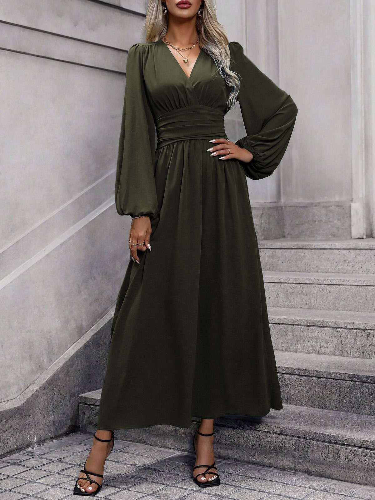 Balloon Sleeve Maxi Dress V-Neck Smocked High Slit