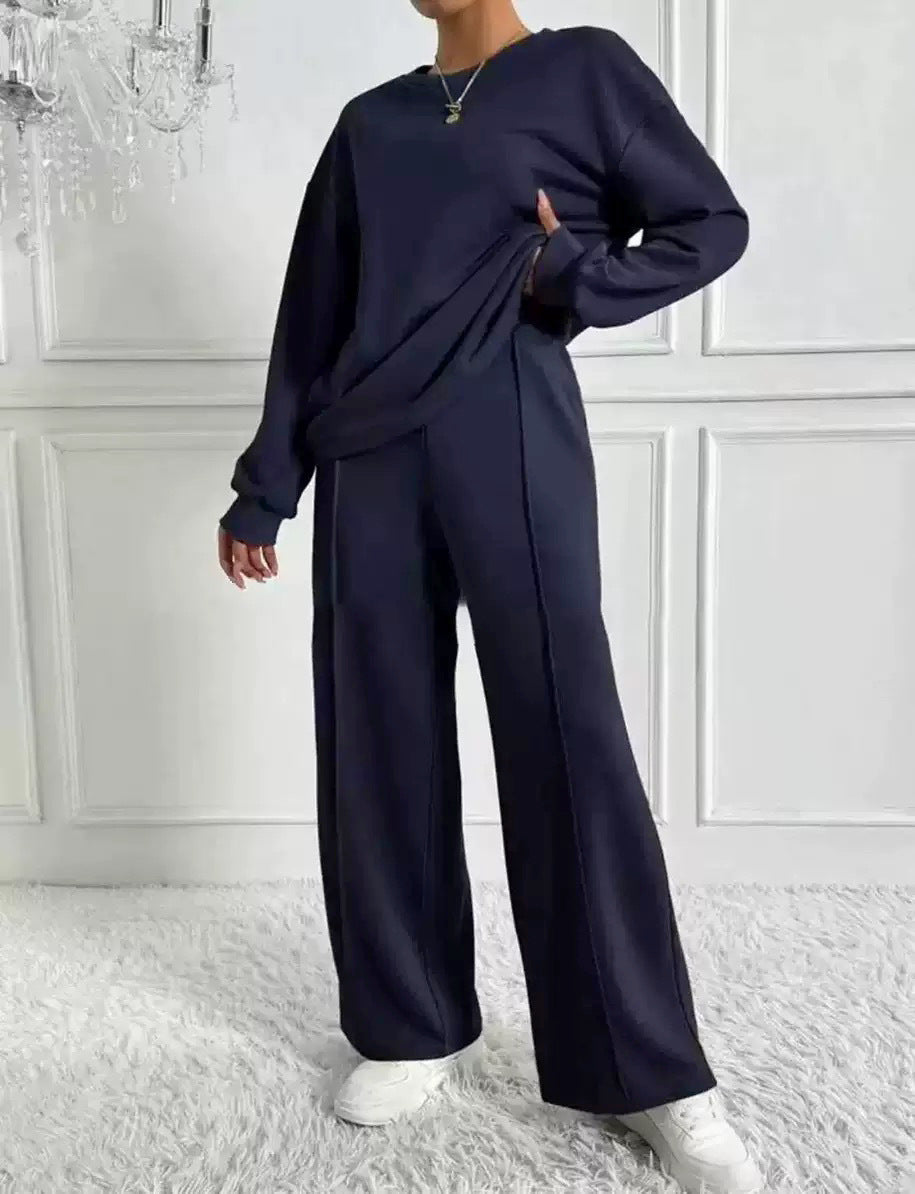 Women's Solid Crewneck Sweatshirt Wide Leg Pants Lounge Set