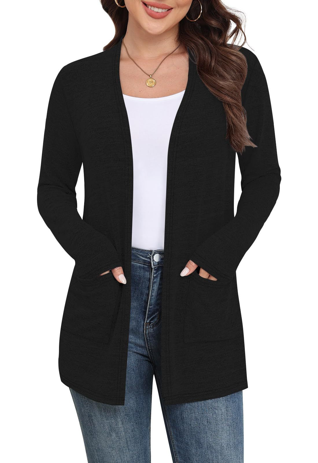 Women's Open Front Cardigan Long Sleeve Lightweight Pockets