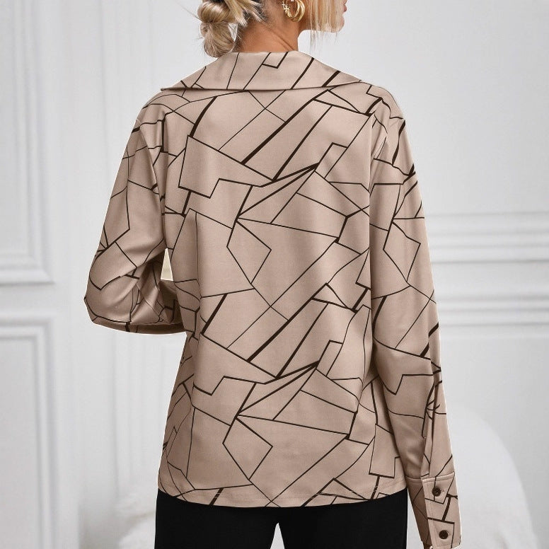Women's Geometric Print V-Neck Long Sleeve Collared Blouse