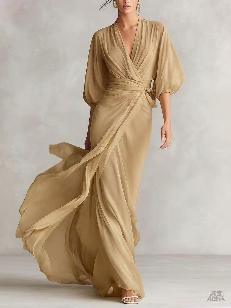 Elegant Deep V-Neck Lantern Sleeve Wrap Maxi Dress