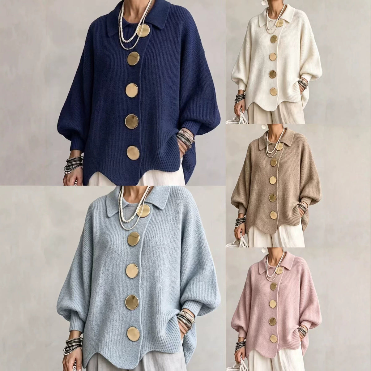 Womens Oversized Collared Cardigan Chunky Knit Button Front