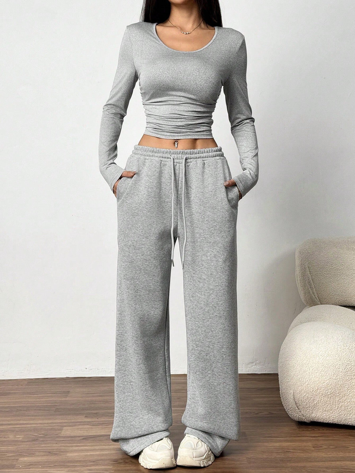 Women's Two Piece Long Sleeve Crop Top Wide Leg Pants Set