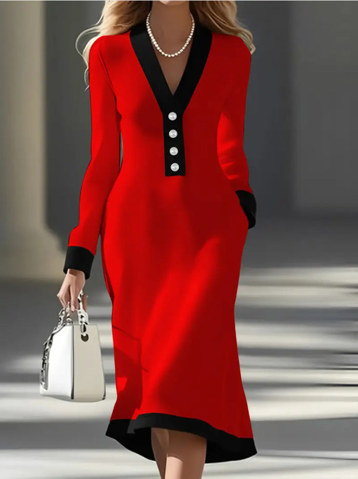 Color Block V-Neck Long Sleeve Midi Work Dress