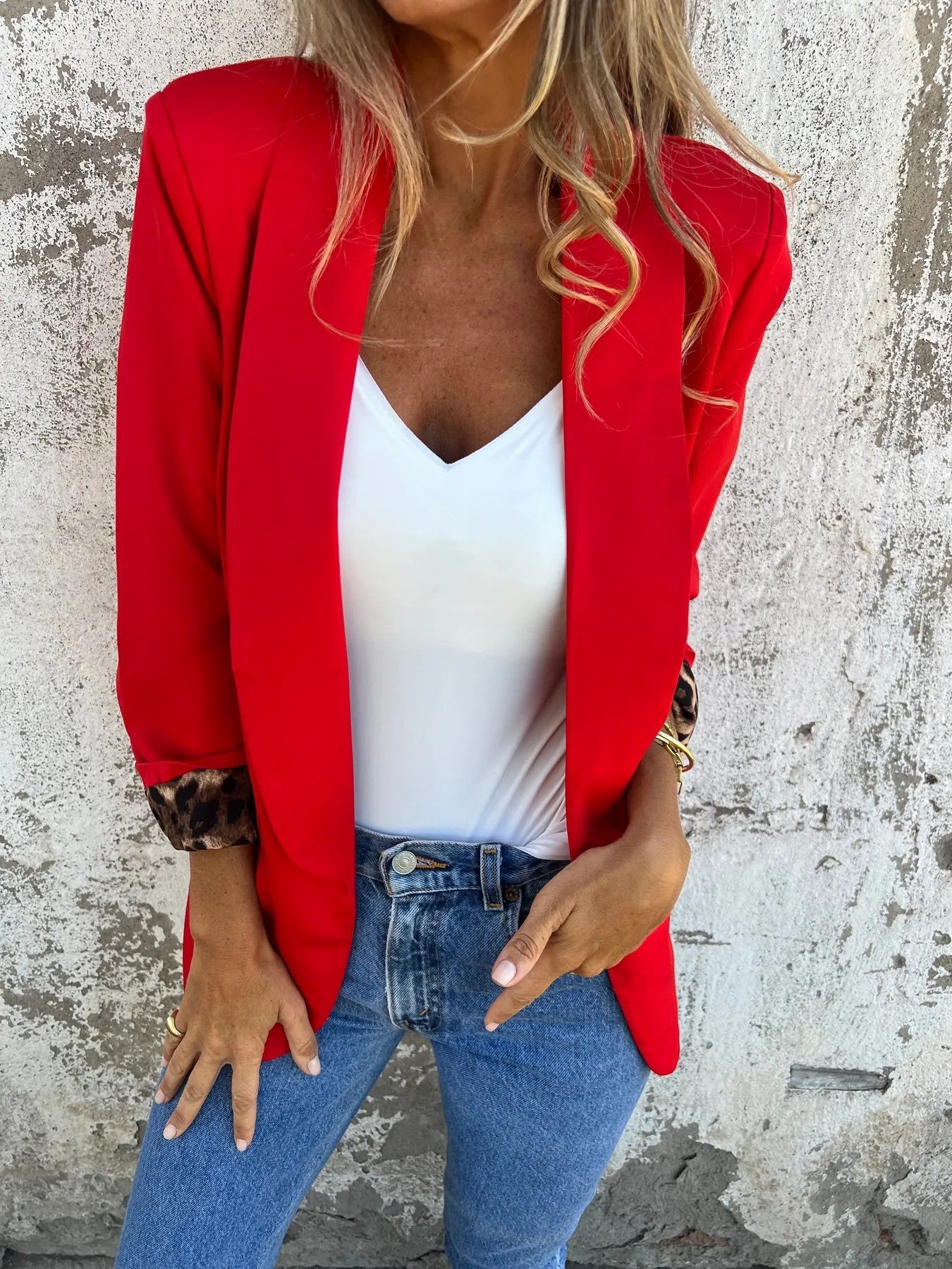 Women's Leopard Print Cuff Open Front Blazer Jacket