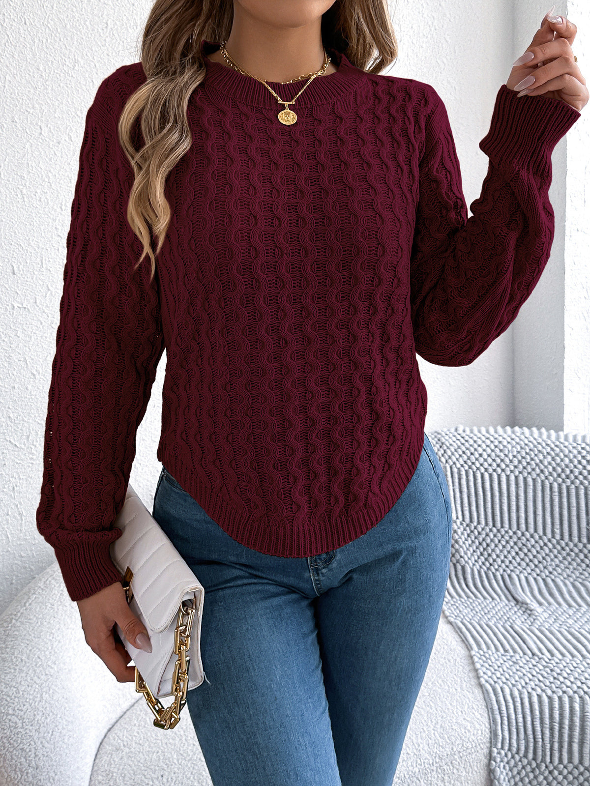 Women's Cable Knit Balloon Sleeve Curved Hem Sweater