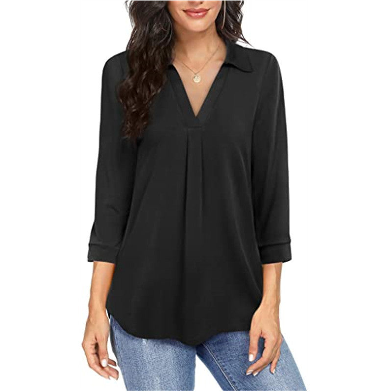 Women's V Neck Chiffon Blouse 3/4 Sleeve Loose Button Top