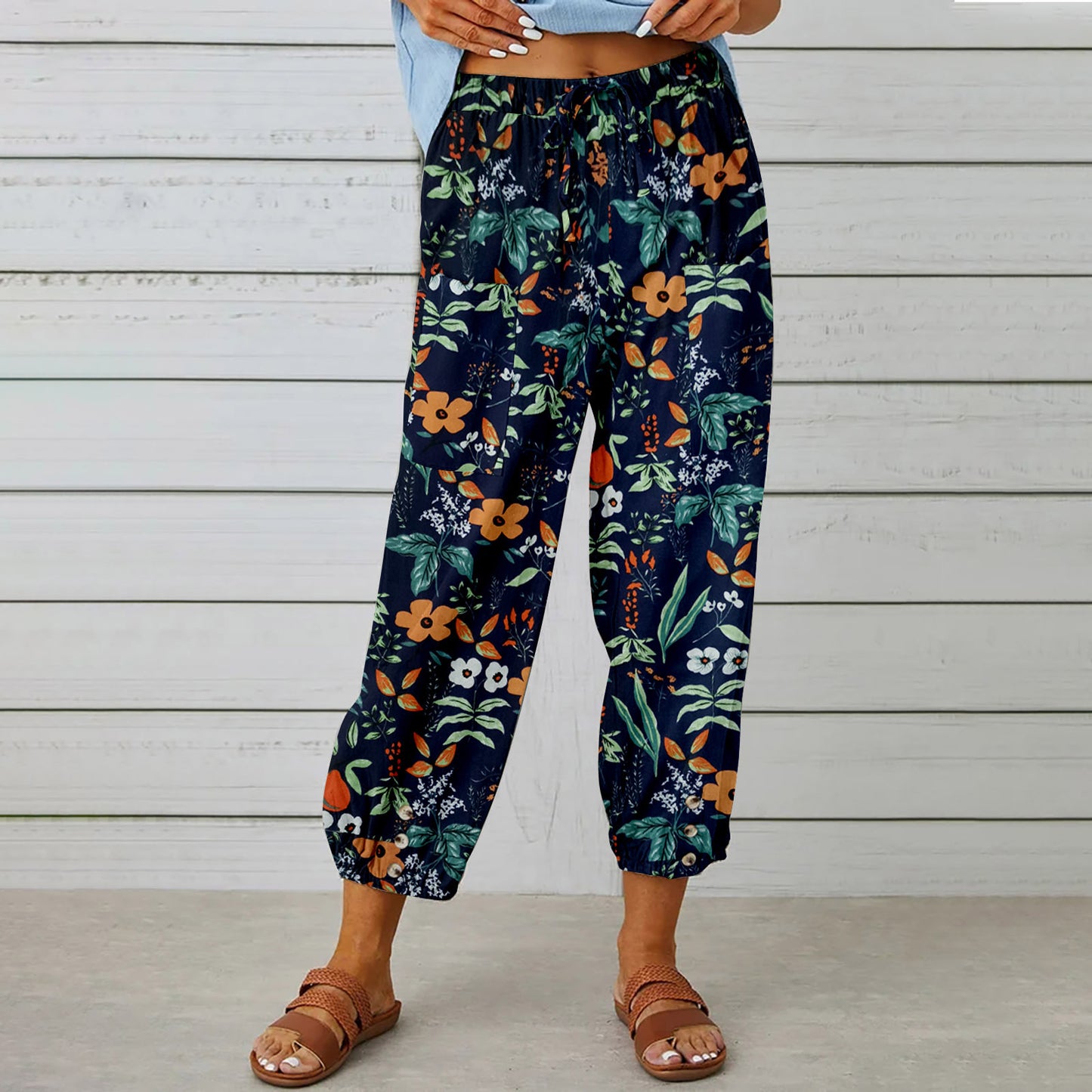 Women's Boho Floral High Waist Cotton Linen Joggers