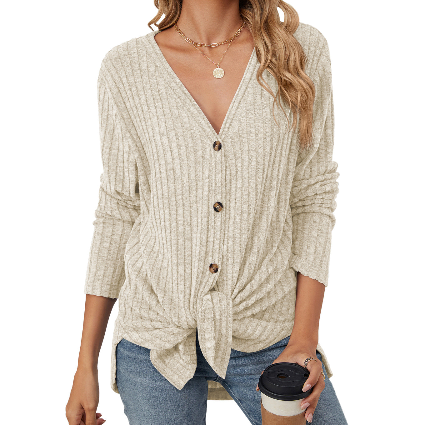Womens V Neck Tie Front Button Up Long Sleeve Knit Cardigan