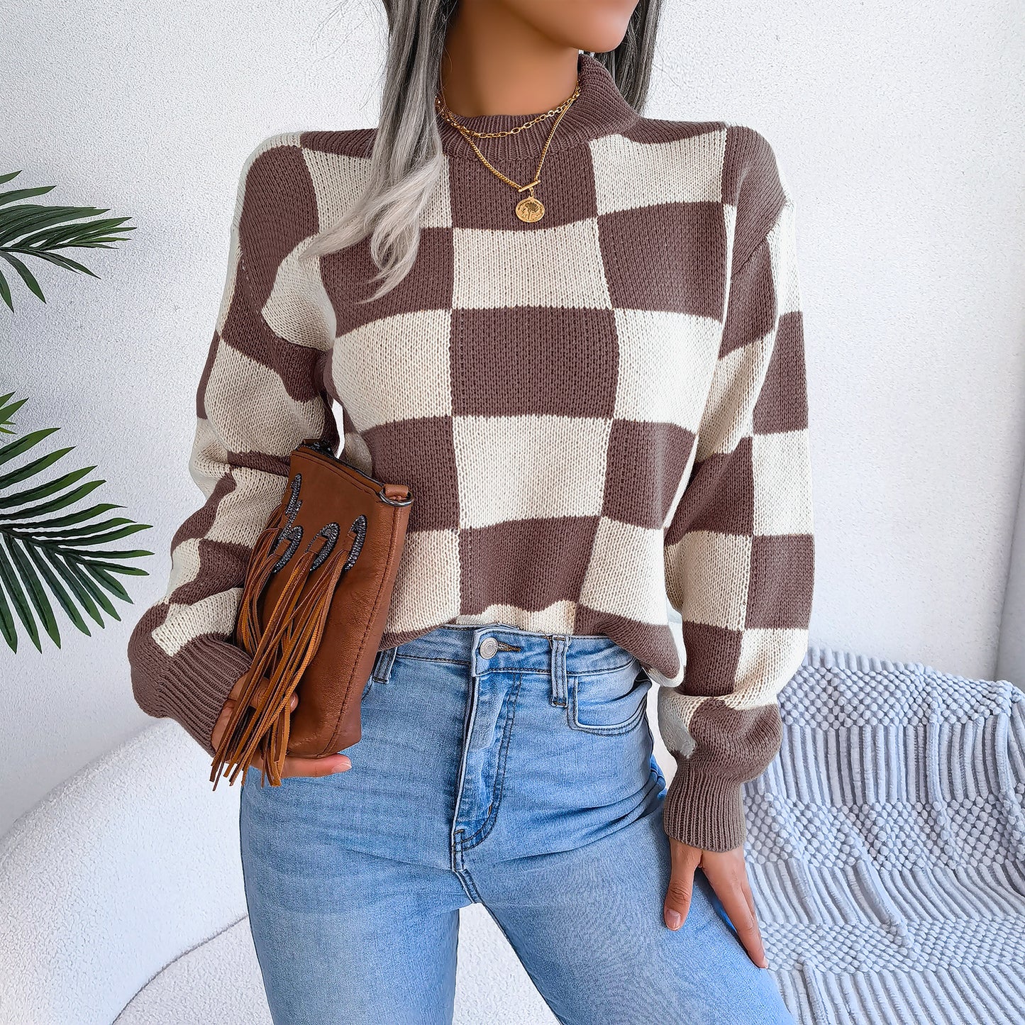2025 Fall/Winter Colorblock Checkered Knit Sweater - Street Style