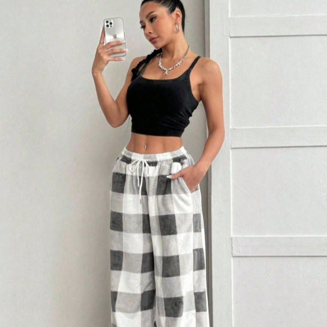 Plaid Wide Leg Capri Pants Elastic Waist Lounge