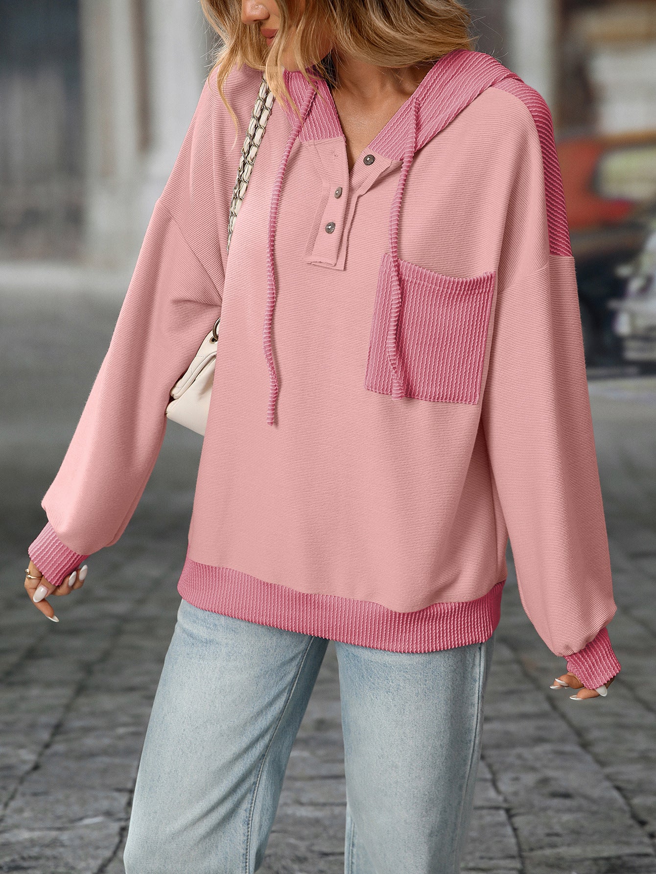 2025 Fall/Winter Colorblock Knit Trim Hoodie – Casual Pullover Sweatshirt