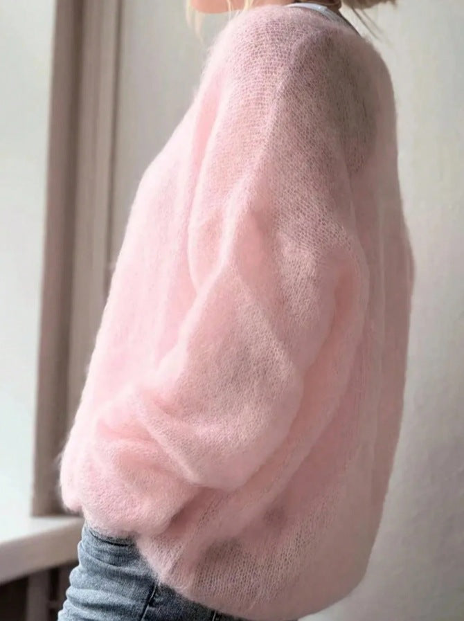 Pink Fuzzy Mohair Oversized Crew Neck Knit Sweater