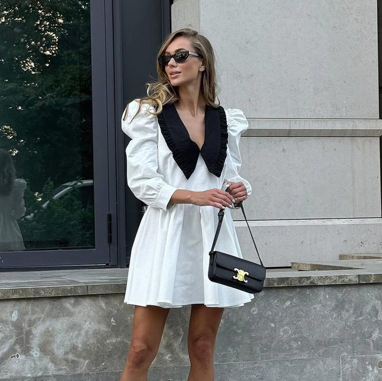 Women's Contrast Collar Puff Sleeve A-Line Mini Dress