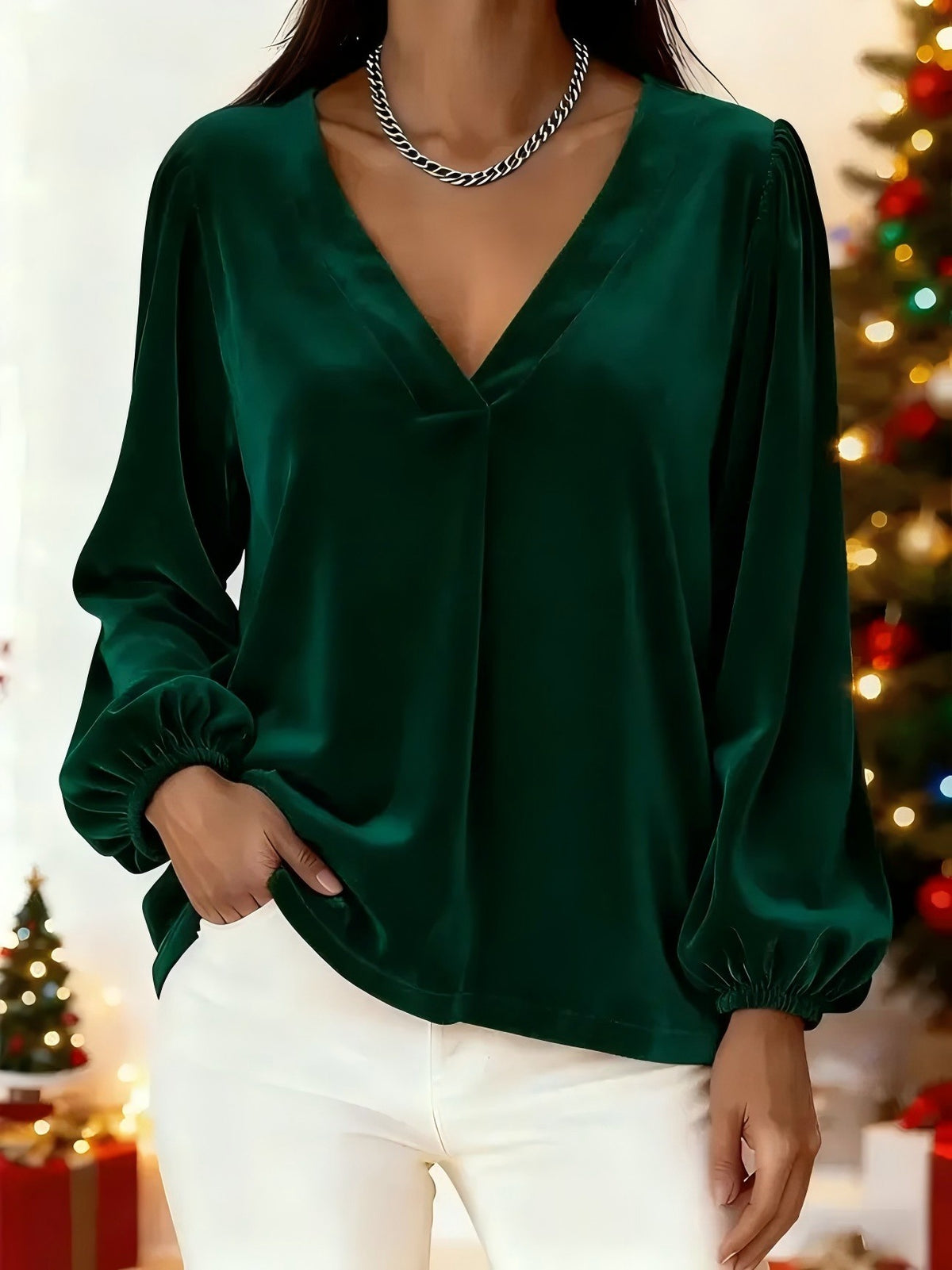 Women's Velvet V-Neck Balloon Sleeve Blouse