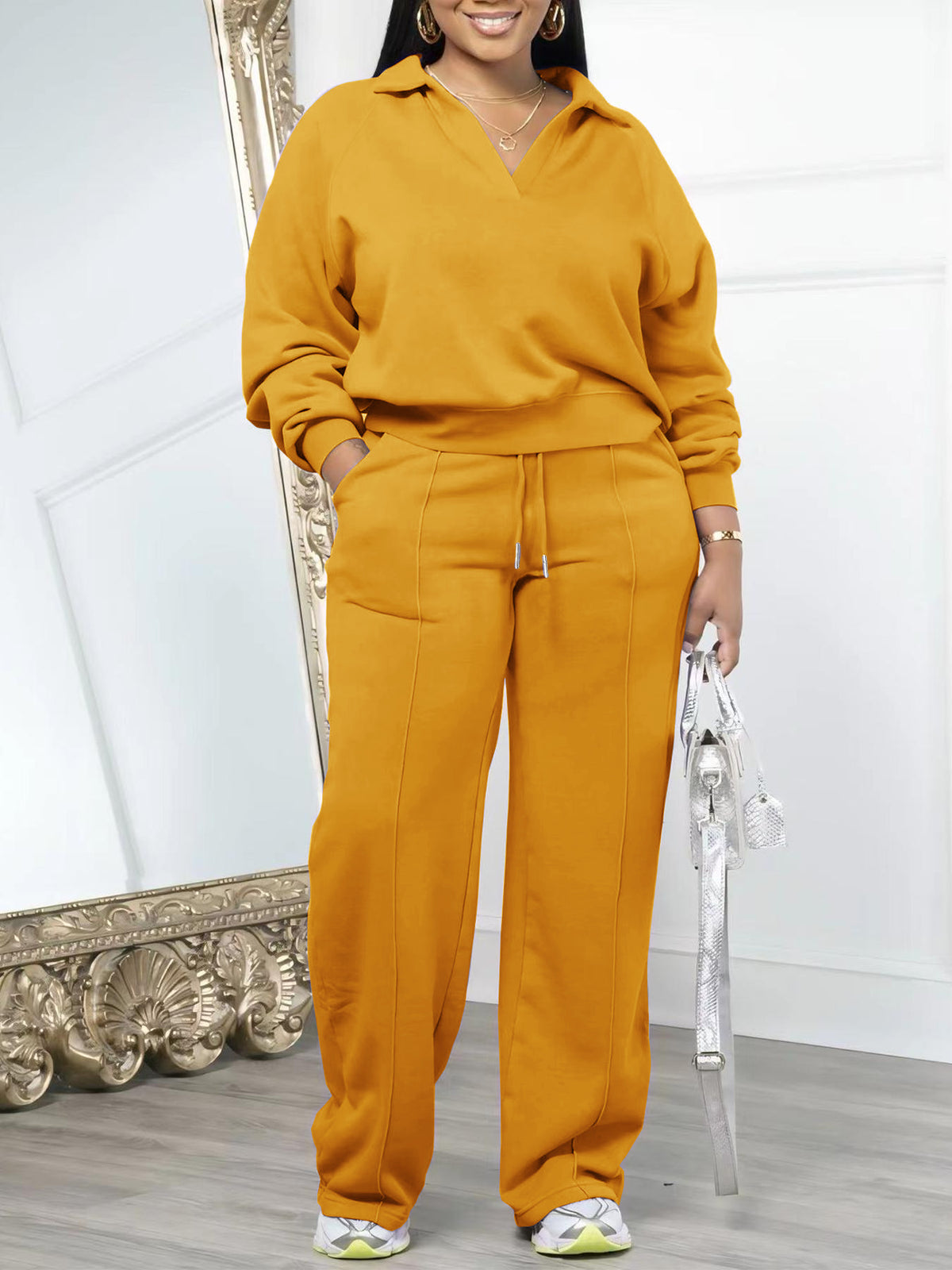 Women's Solid 2 Piece Lounge Sweatshirt Wide Leg Pants Set