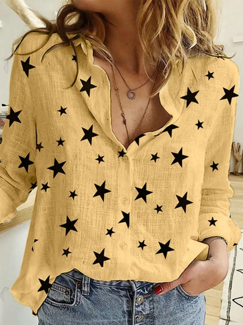 Women's Polka Dot Linen Long Sleeve Button Down Shirt