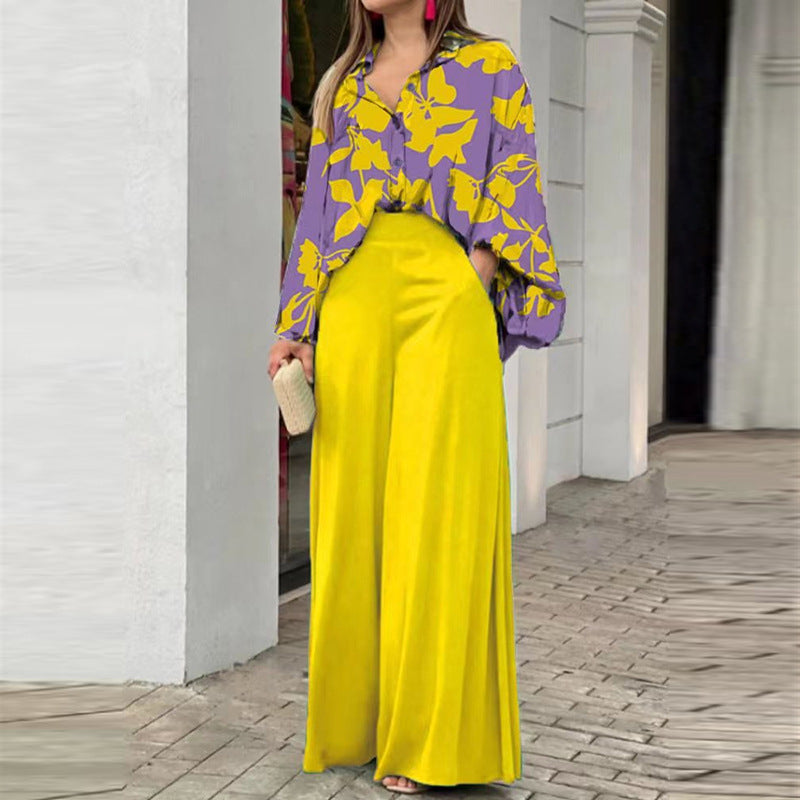 Women's Printed Blouse Wide Leg Pant 2 Piece Set