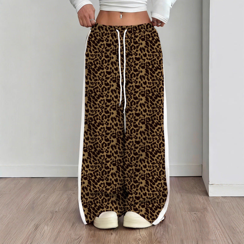 Women Leopard Print Baggy Wide Leg Side Stripe Pants