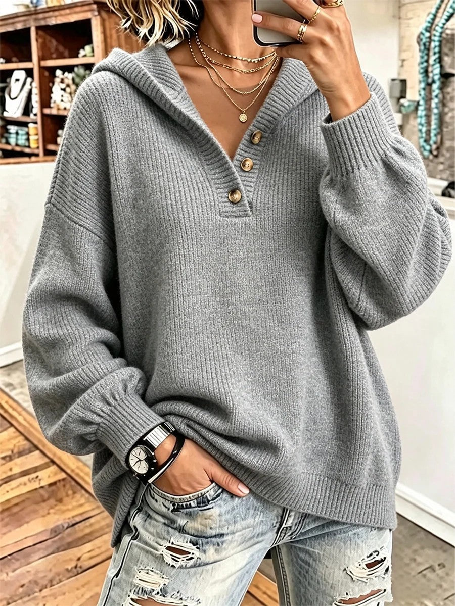 Women's Oversized Hooded Knit Button Sweater