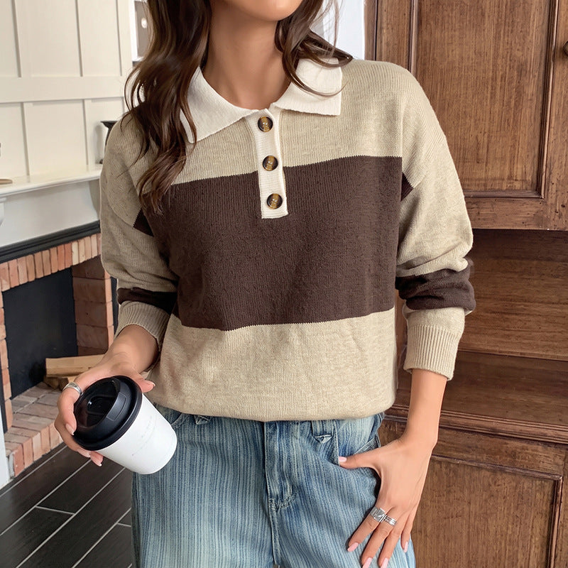 Women's Oversized Color Block Polo Sweater Knit Top