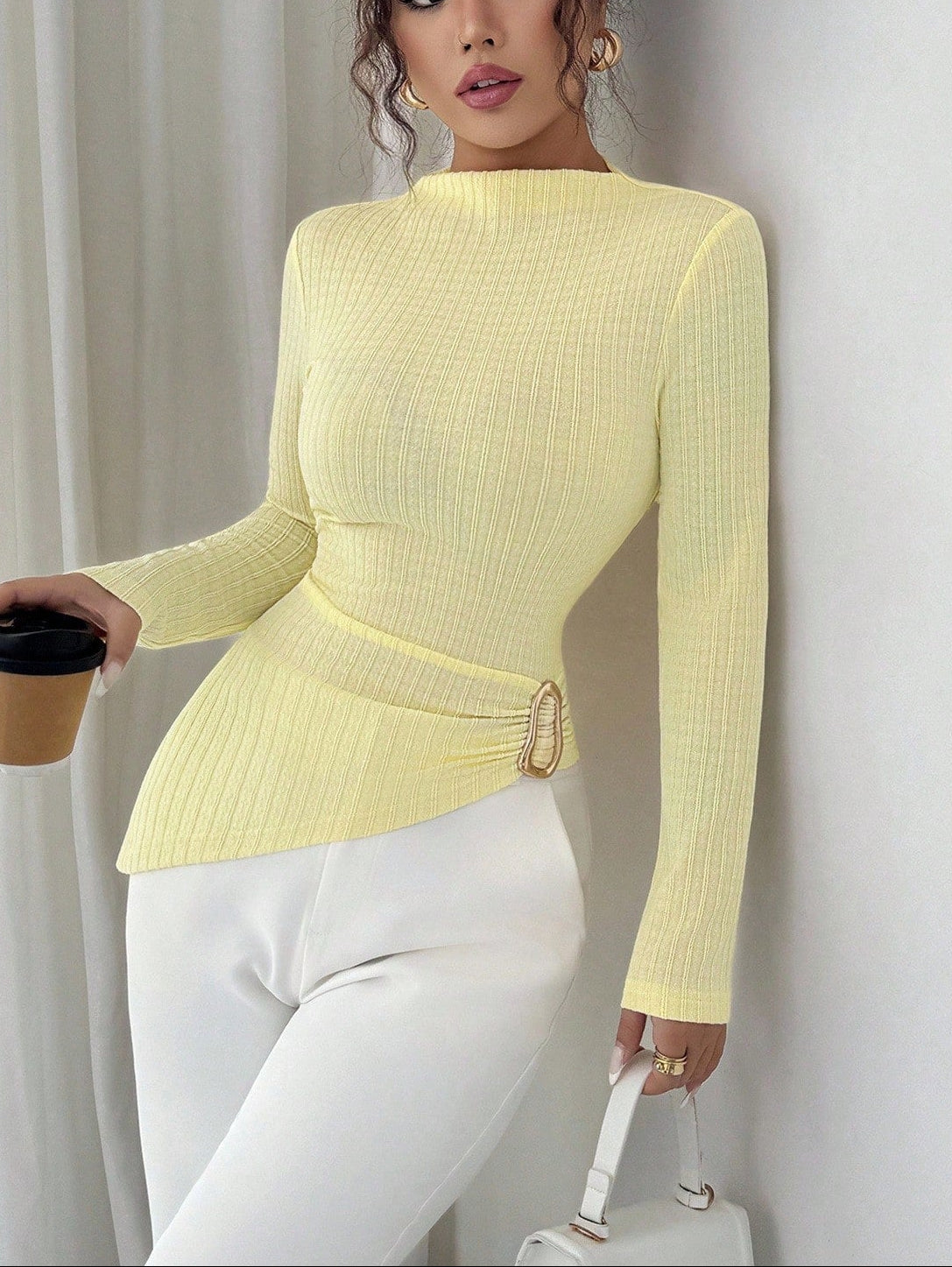 Mock Neck Ribbed Knit Top Long Sleeve Asymmetric Buckle
