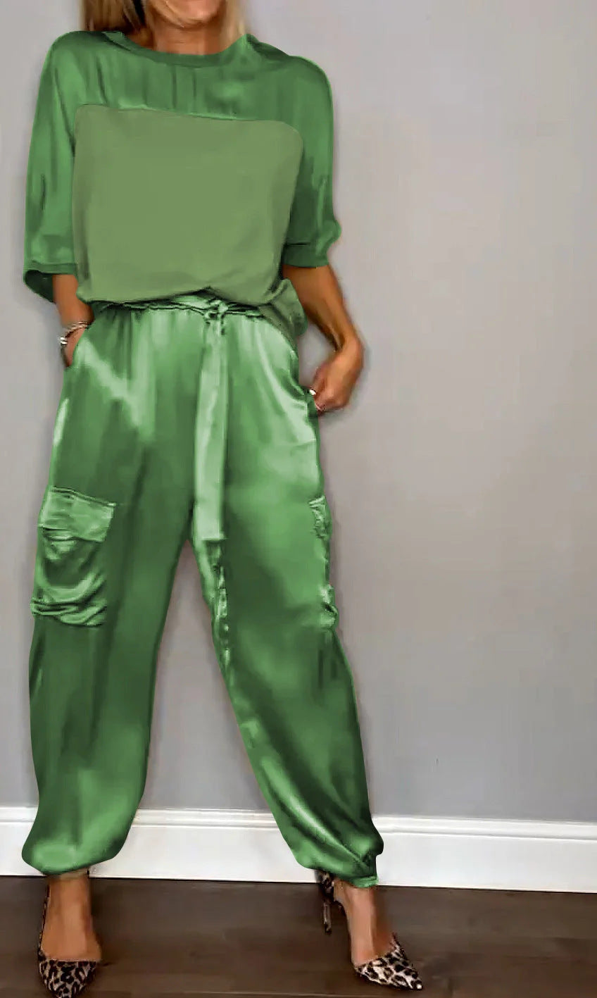 Women's Satin Cargo Joggers Half Sleeve Two Piece Set