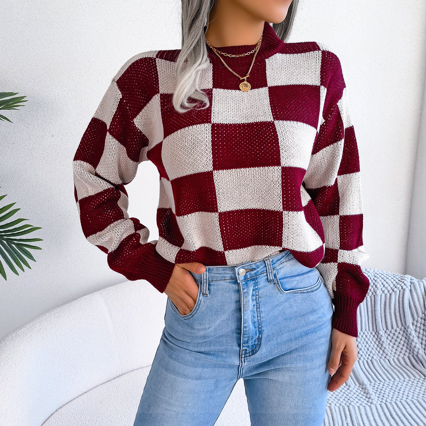 2025 Fall/Winter Colorblock Checkered Knit Sweater - Street Style