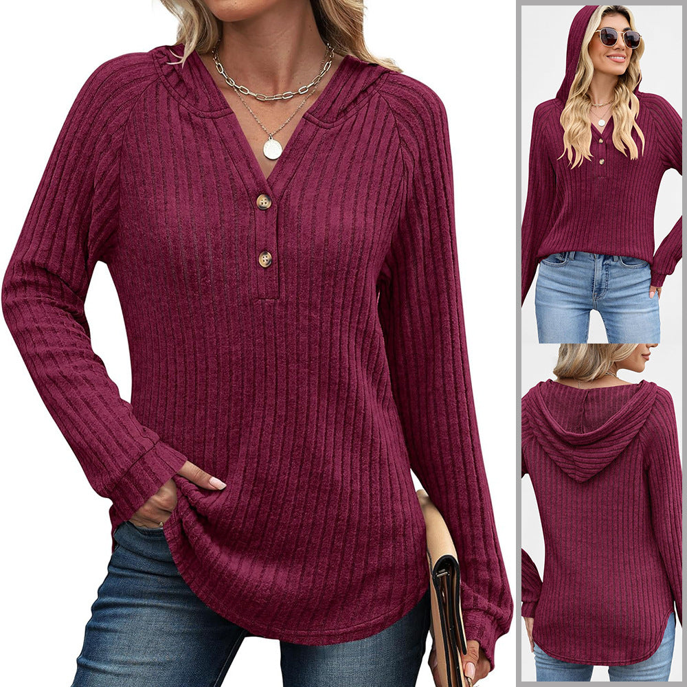Women's Loose Hooded V Neck Button Ribbed Knit Sweater
