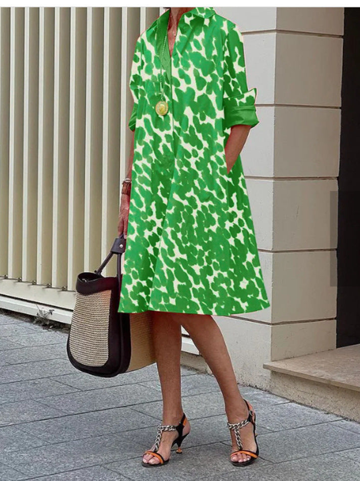 Women's Geometric Button Down Shirt Dress with Pockets