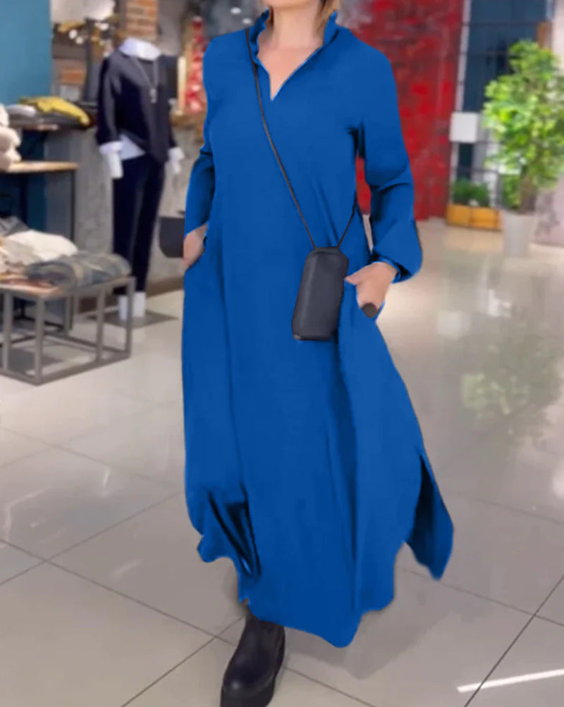 Women's Casual V Neck Long Sleeve Maxi Dress with Pockets