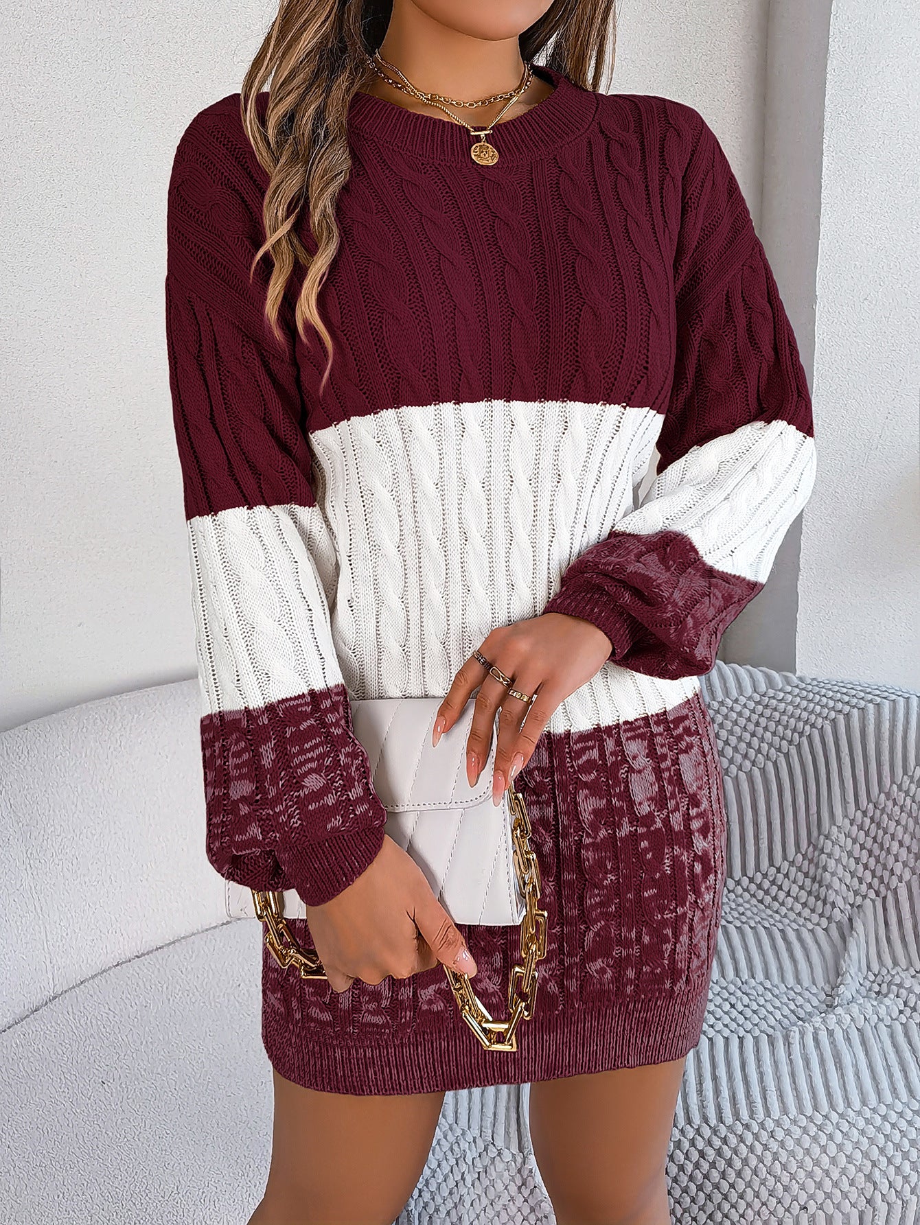 2025 Fall Winter Colorblock Cable Knit Lantern Sleeve Sweater Dress