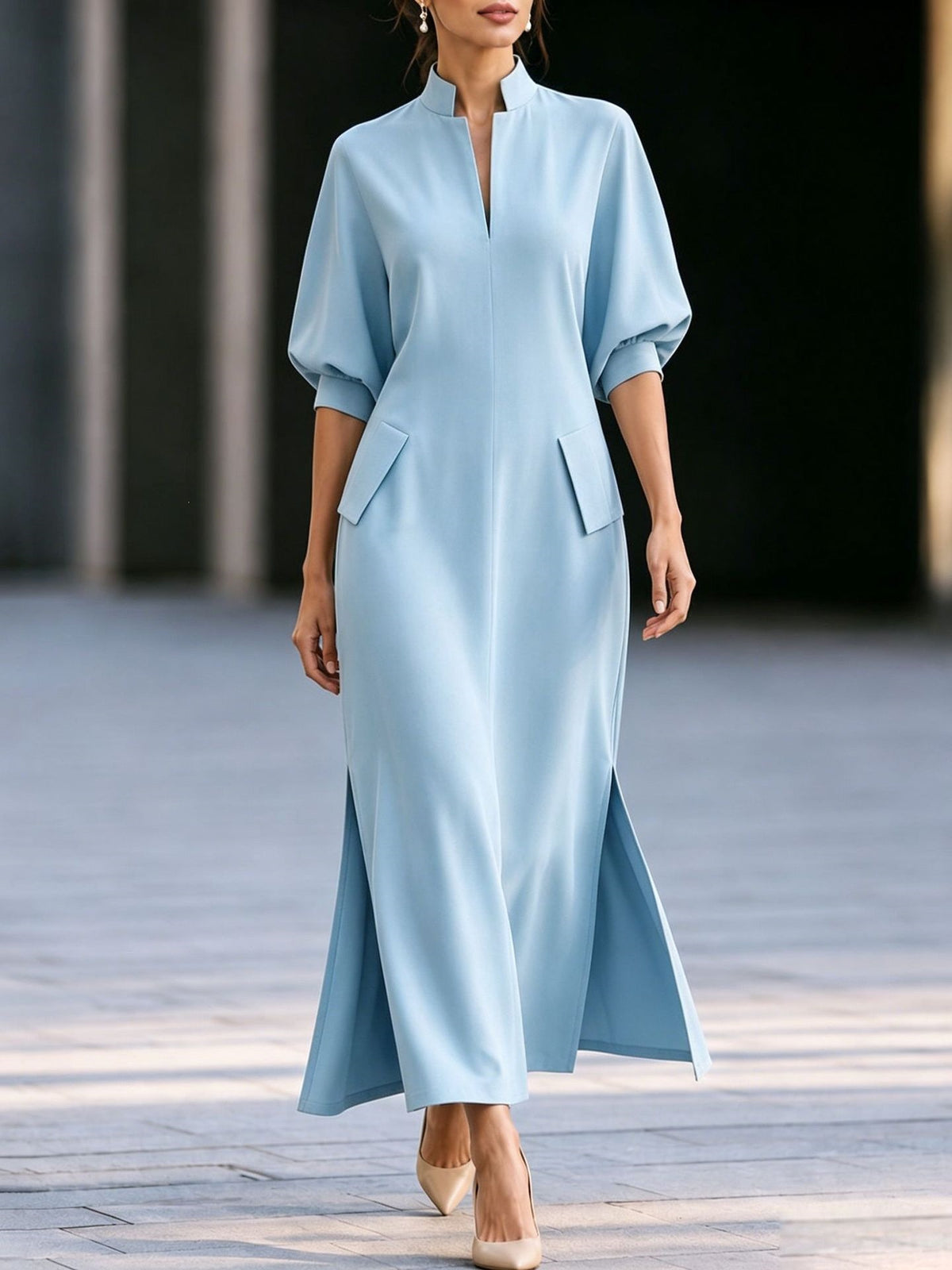Elegant Mandarin Collar Balloon Sleeve Slit Maxi Dress