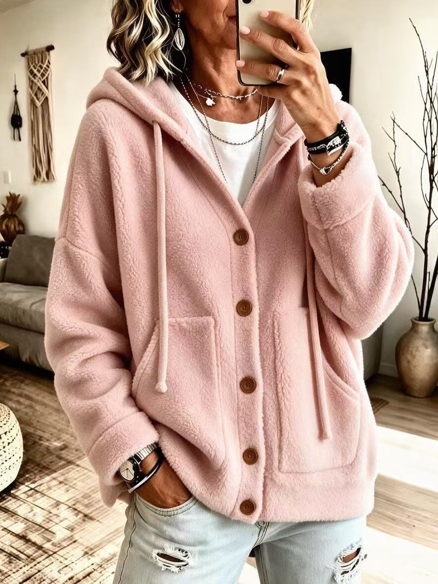 Women's Hooded Fleece Button Cardigan Jacket