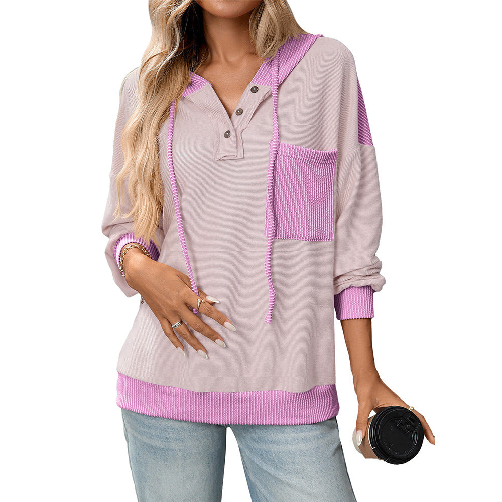 2025 Fall/Winter Colorblock Knit Trim Hoodie – Casual Pullover Sweatshirt