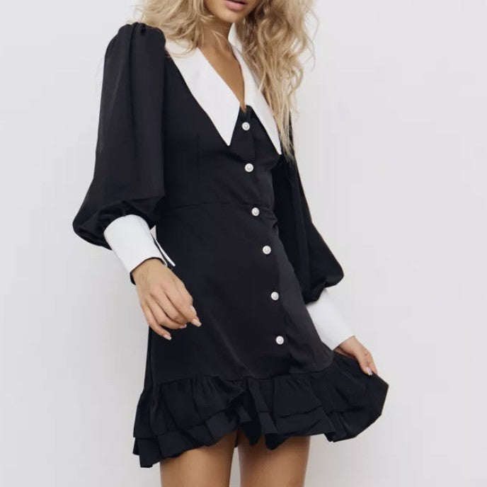 Polka Dot Contrast Collar Button Front A-Line Mini Dress