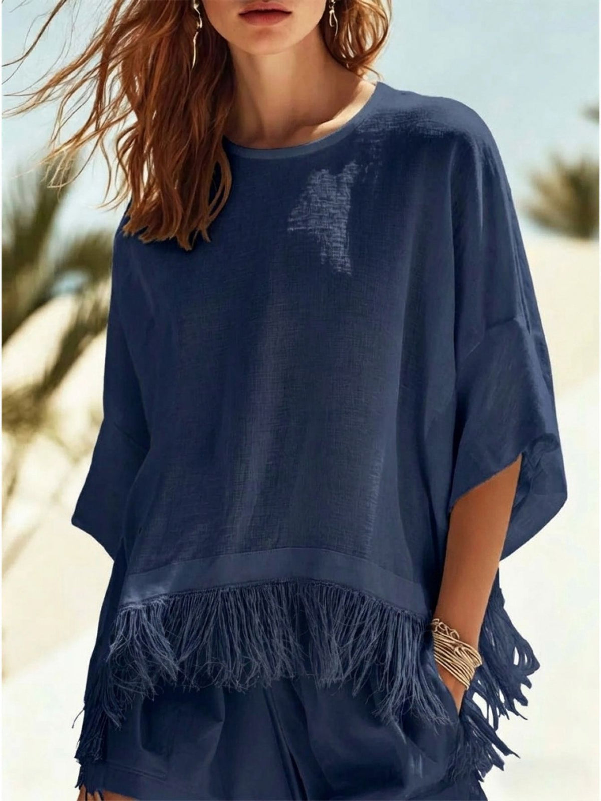 Women's Fringe Batwing Sleeve Oversized Casual Top