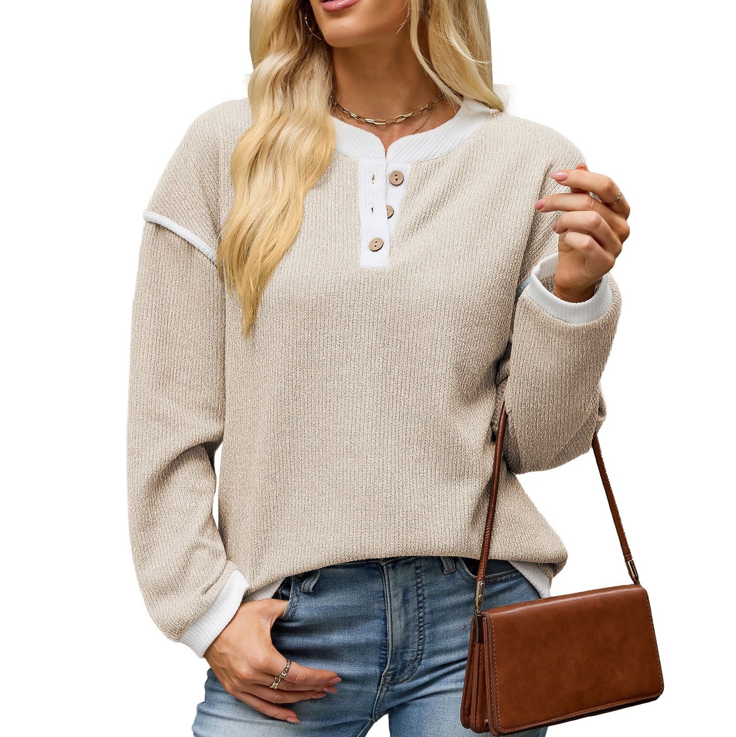 Women's Contrast Henley Long Sleeve Loose Casual Top