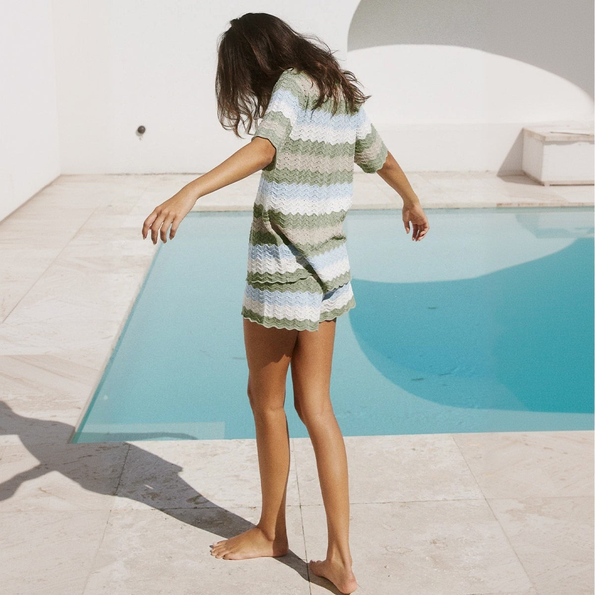 Women's Striped Crochet Beach Cover Up Shorts Set